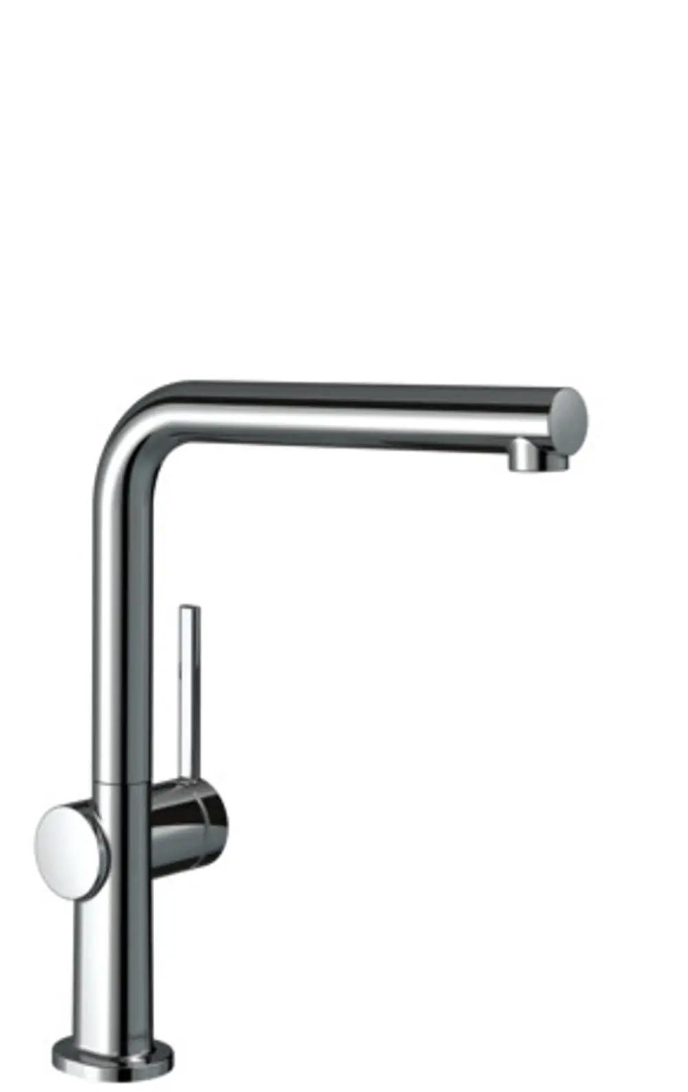 Chromatischer Spültischmischer von Hansgrohe mit einem langen, gebogenen Auslauf und einem seitlichen Hebel zur Regulierung von Wasserfluss und Temperatur.
